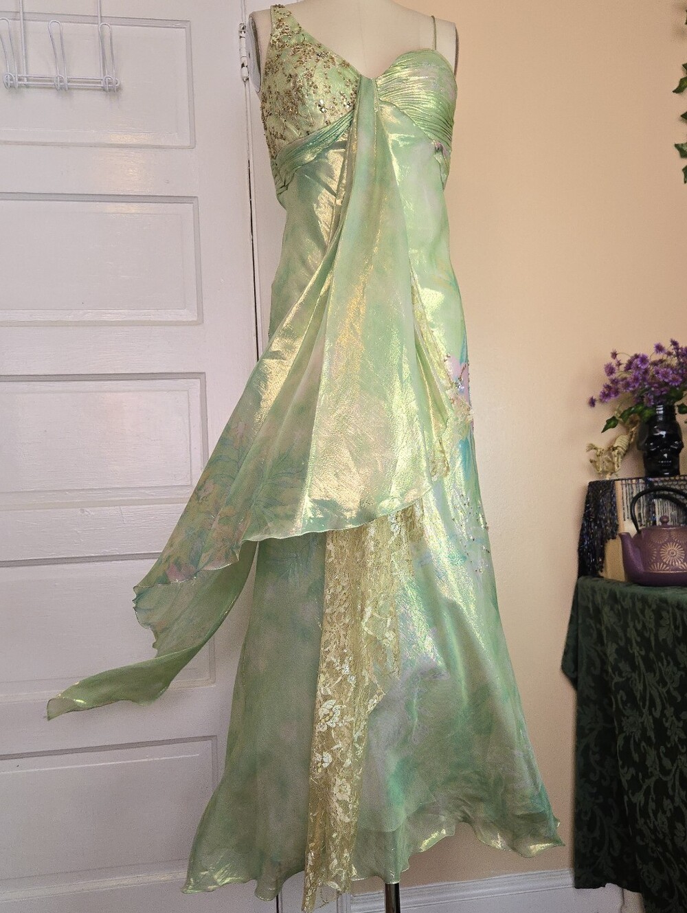 Diane Freis 100% Silk Green Metallic Beaded Y2K Fairycore Prom Gown Dress